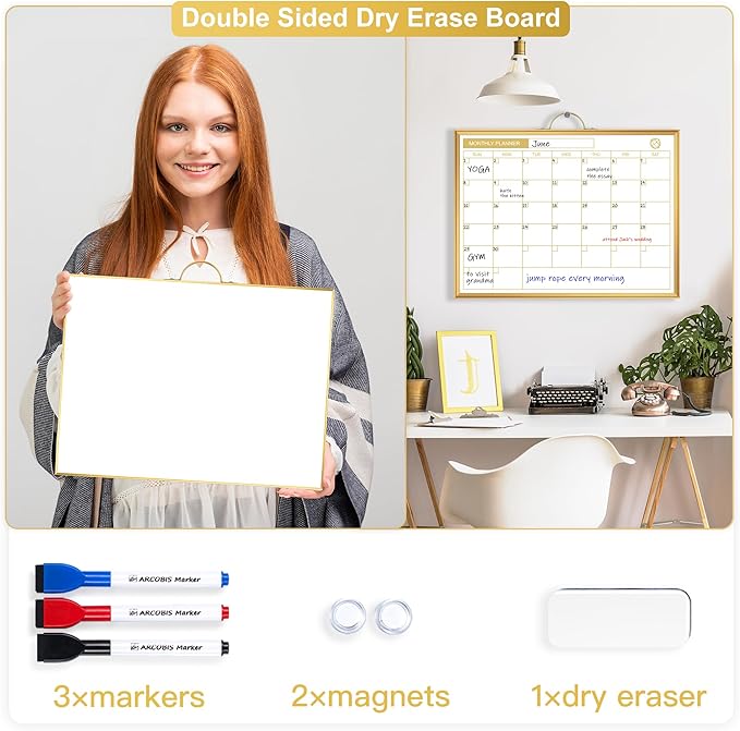 ARCOBIS Monthly Calendar Whiteboard - 12" x 16" Double-Sided Magnetic Dry Erase Board with Gold Frame - Portable Wall Hanging Planner for Home, Office, School