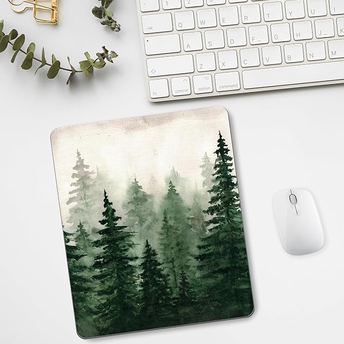 Green Forest Mouse Pad Mountain Tree Desk Mousepad Computer Gaming Office Small Cute Aesthetic Vintage Christmas Large Wireless Mat Desktop Laptop Travel Square Medium Accessories Supplies