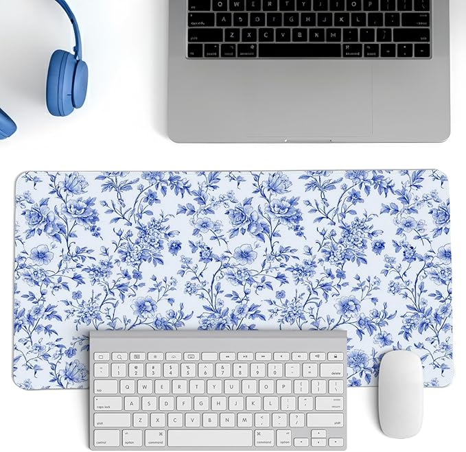 Light Blue Chinoiserie Mouse Pad,Vintage Blue And White Floral Desk Mat,XL Large Vintage Floral Preppy Mouse Pad,Girly Gaming Mousepad,Girly Laptop Desk Mat For Dorm Home Office,23.6x11.8 Inch