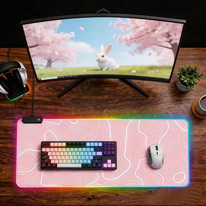 Pink RGB Mouse Pad LED Desk Mat Large Gaming Mousepad Pink and White Line Design, Keyboard Pad XL Mouse Mat for Home and Office