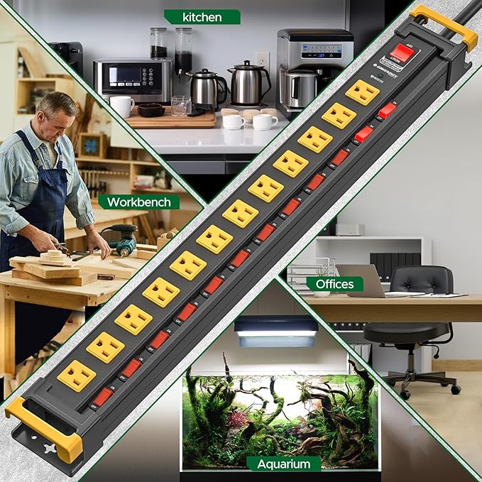 12 Outlet Long Heavy Duty Power Strip with Individual Switches,3300J Surge Protector Metal Power Strip,Wide Spaced,6Ft Cord Managment for School,Garage,Office,Workbench,ETL Listed(15A/1875W)