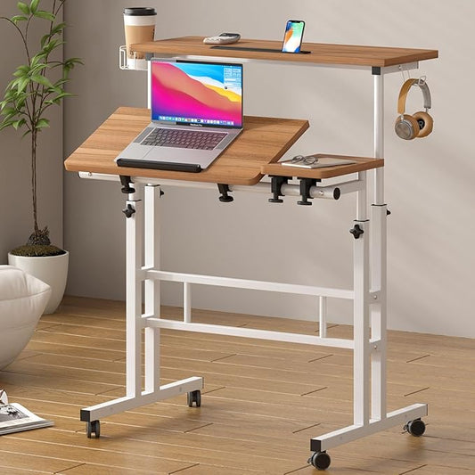 SogesPower 2 Platforms Mobile Laptop Desk Adjustable Side Table Computer Stand for Bed Sofa,Mobile Standing Desk with Cup Holder and Hooks,Oak