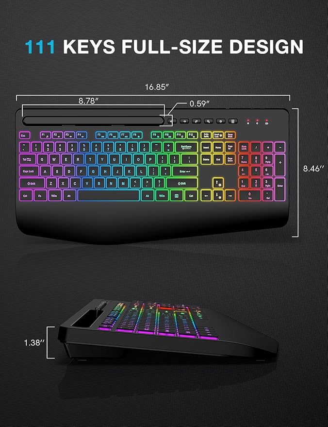 Wireless Keyboard with 8 Colored, 9 Effects Backlits, Wrist Rest, Phone Holder, Rechargeable Ergonomic Computer Keyboard with Silent Keys, 2.4G Lag-Free Cordless Set for PC, Laptop, Windows, MacBook