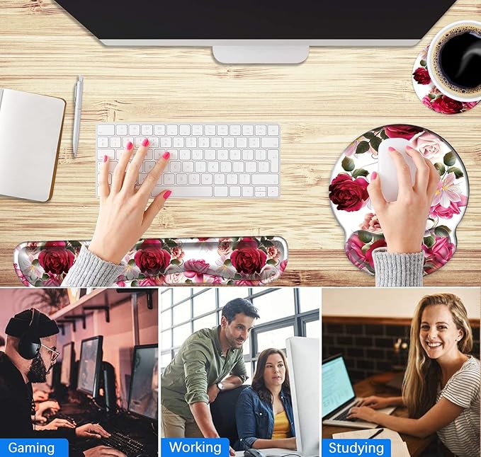 Mouse Pad Wrist Support and Keyboard Wrist Rest with Coaster,Non-Slip Rubber Base Ergonomic Gaming Mousepad for Home Office Working Studying Easy Typing & Pain Relief,Roses and Hyacinth Flowers