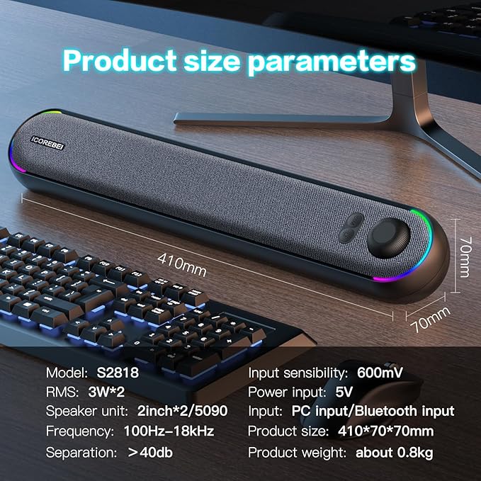 Desktop Computer Speakers, Stereo Soundbar, Bluetooth 5.3, USB/Type-C Power and Audio Transmission, Plug-and-Play, Compatible with PC, Mac, Laptops, Monitors, RGB Lighting, Wired Gaming Speakers