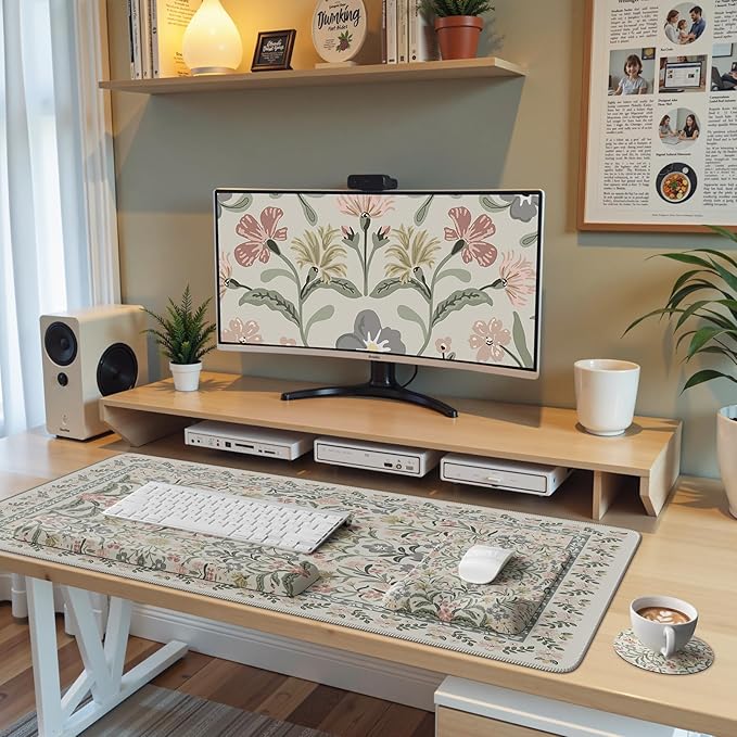 iCasso Mouse Pad with Wrist Rest,Large Desk Mat Set,Ergonomic Keyboard Pad with Wrist Support,Non-Slip Mouse Mat for Women,Cute Floral Computer Mat for Home Office Gaming (Gray)