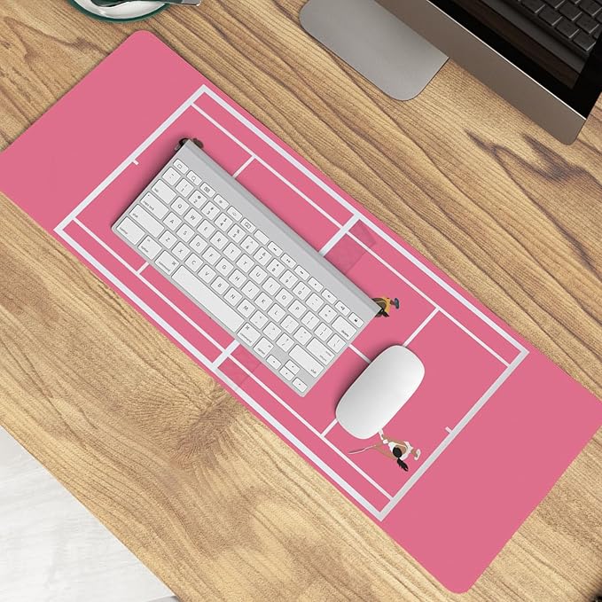 Girly Pink Preppy Desk Mat,Coquette Pink Tennis Court Mouse Pad,Tennis Sport Art Mouse Pad,Gift for Tennis Players,XL Large Laptop Desk Mat for Girls Dorm Home Office,31.5x11.8 Inch