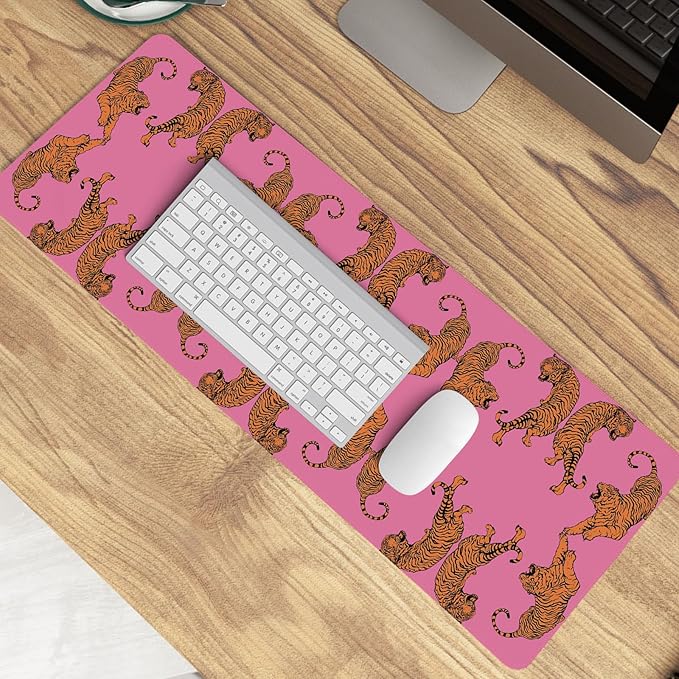 Pink Tiger Decor Desk Mat, Large Girly Cheetah Mouse Pad, Leopard Print Desk Mat for Girls Dorm Home Office Decor, Tiger Mouse Pad Desktop Decor,31.5x11.8