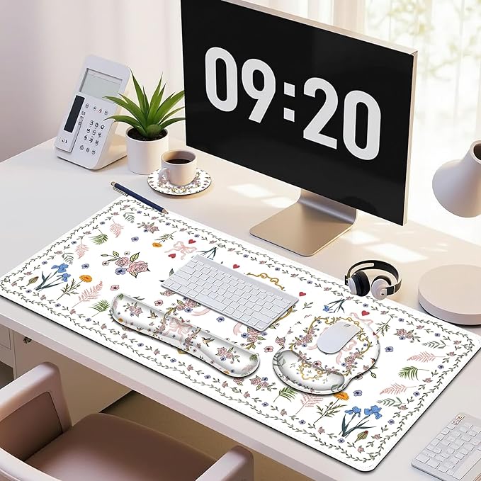 White Florals Mouse Pad, XXL Large Desk Mat Extended Nature Aesthetic Desk pad, 4 PCS Non-Slip Rubber Base Computer Big Mousepads for Work, Game, Office, Home Decor I Weeds Vintage Birds