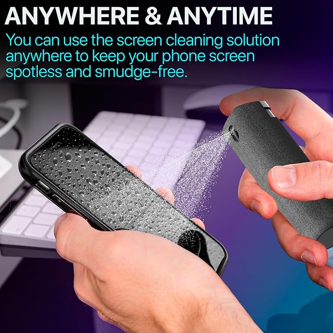 Mini Screen Cleaner Spray – Finger Proof Screen Cleaner for Smartphones, iPads, MacBooks, Laptops, Car Screens, Touchscreens – 3in1 Mist Cleaner, Microfiber Cloth and Protective Cover -Purple