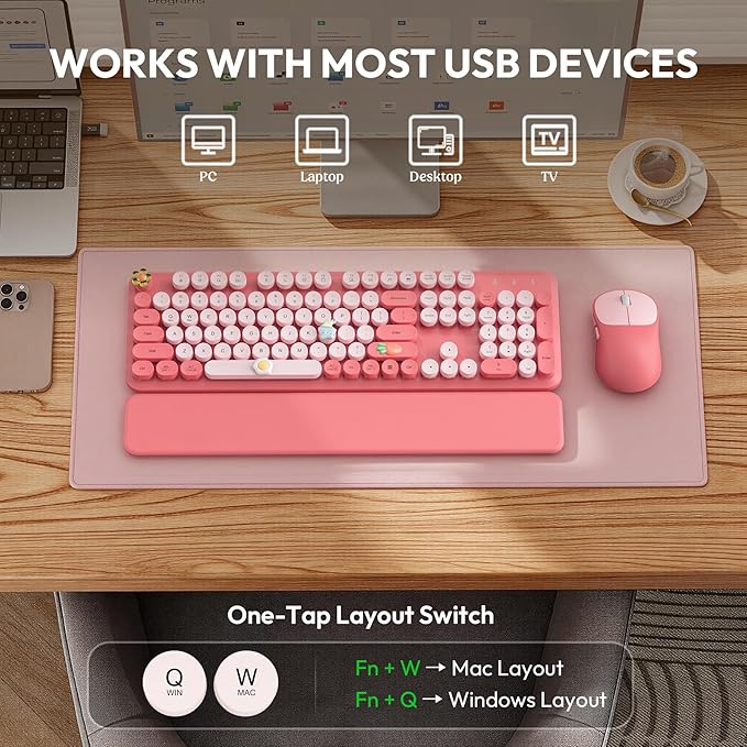 Wireless Keyboard and Mouse Combo, Typewriter Keyboard with Magnetic Wrist Rest, Full-Size Cute Round Keycaps, Sleep Mode, 2.4G Keyboards for Mac/Windows/PC, Office or Home, Trueque CK23Pro