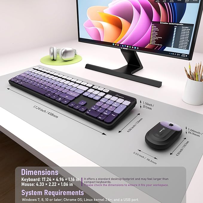 Wireless Keyboard and Mouse Combo - 2.4G Wireless, Rechargeable, Low-Noise, Cute Colorful, Full-Sized, 3 DPI Adjustable Mouse, for Computer, Laptop, PC, Desktop(Black-Purple)