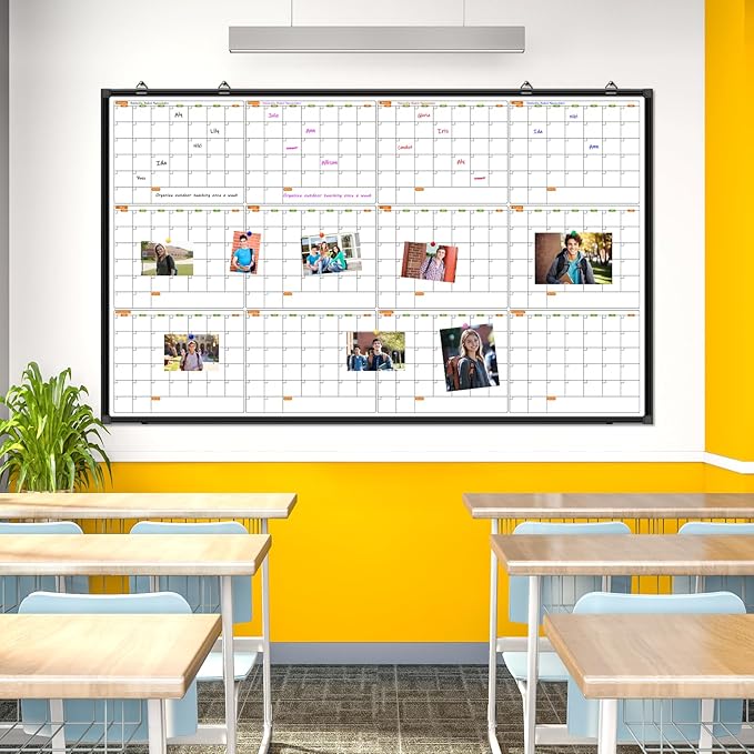 12 Month Calendar Whiteboard for Wall, 72" x 40" Large Wall Calendar Dry Erase with Tray, Magnetic Dry Erase Calendar for Wall Mounted Bulletin Board for Home Classroom Office Organization