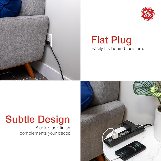 GE Surge Protector Power Strip, 10 Ft Extension Cord, 6 Outlet Extender, 800 Joules, Flat Plug, Twist-to-Close Safety Covers, ETL Listed, Black, 2 Pack, 54646