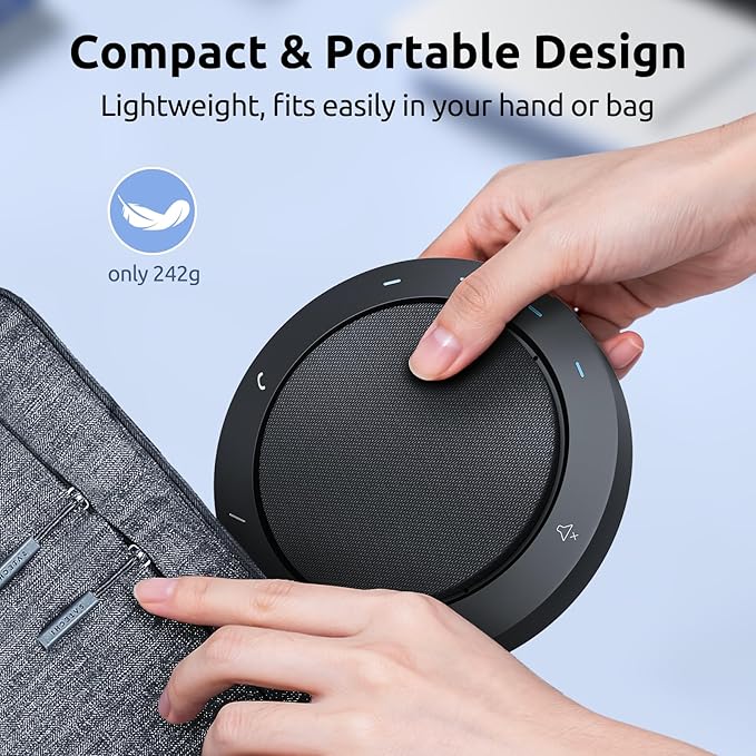 Bluetooth Speakerphone for Conference Calls – AI Noise Reduction, 2 Mics, 5W Speaker, USB-C & USB-A Adapter, 10-14H Playtime, Compatible with Zoom/Teams/Skype/Meet