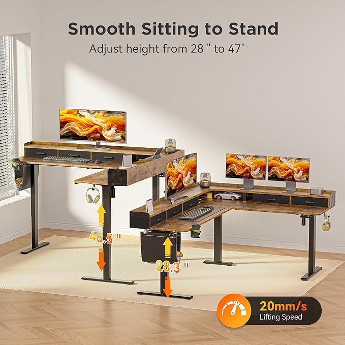 75 Inches Height Adjustable L Shaped Standing Desk with 5 Drawers and Monitor Shelf, Electric Sit to Stand Home Office Comupter Table, Ergonomic Corner Gaming Desk, Rustic Brown