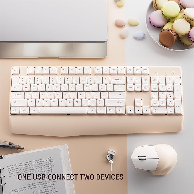 Ergonomic Keyboard and Mouse Combo with Wrist Rest, BK Chipset, Full-Size Colorful Office Keyboard and Mouse, Power Button, USB Receiver for PC Laptop (Khaki White)