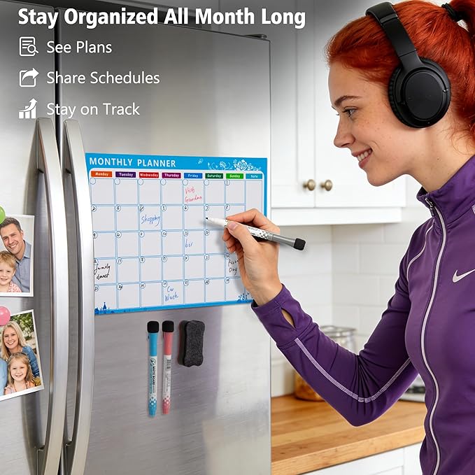 Magnetic Calendar for Refrigerator, 17×12" Fridge Calendar Whiteboard Calendar with Markers and Eraser, Monthly Dry Erase Family Planner with Side Notes for Lists, To-Do Tasks Monday Start
