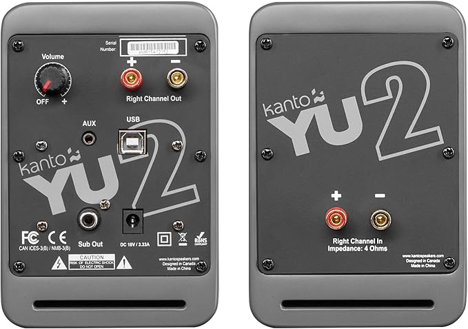 Kanto YU2MG PC Gaming Desktop Speakers | 3" Composite Drivers | 3/4" Silk Dome Tweeter | Class D Amplifier | 100 Watts | Built-in USB DAC | Subwoofer Output | Pair | Matte Grey