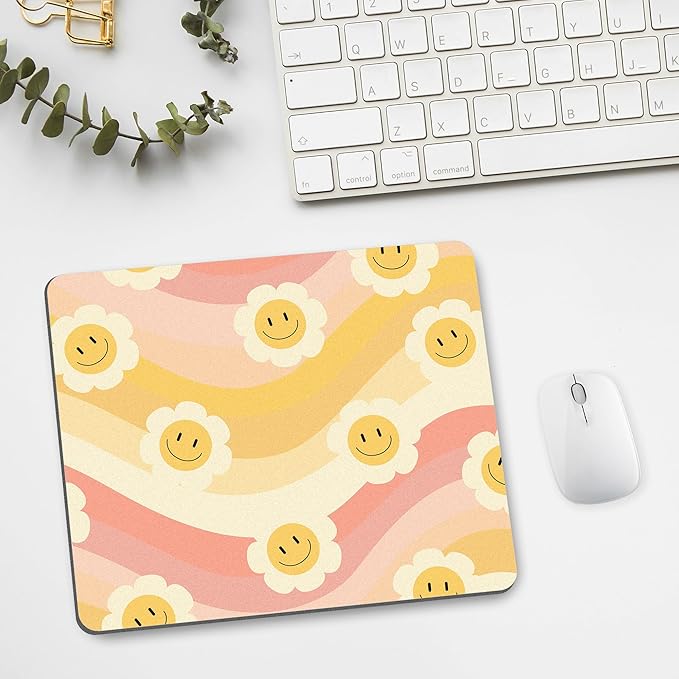 Smile Face Mouse Pad Desk Retro Orange Yellow Rainbow Cute Daisy Groovy Flower Mousepad Sun Floral Aesthetic Square Laptop Computer Office Small Portable Wireless Mat Accessories Girly Teacher