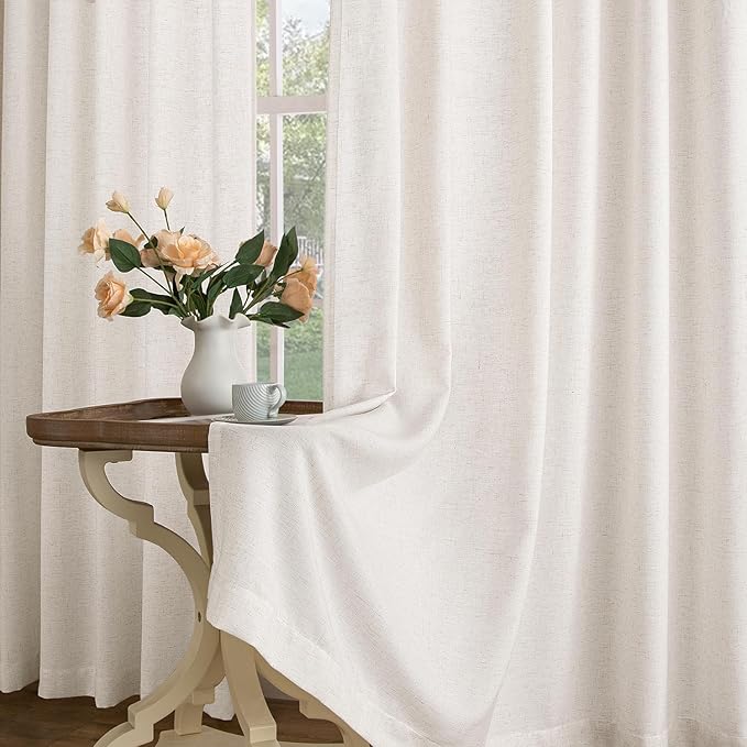 Memory Trained Pinch Pleated Curtains 96 Inches Long, Viral Linen Pinch Pleat Sheer Curtains with Ring Hooks&Clips for Track System Living Room, Natural Light Filtering Privacy Curtain 2 Panel Set