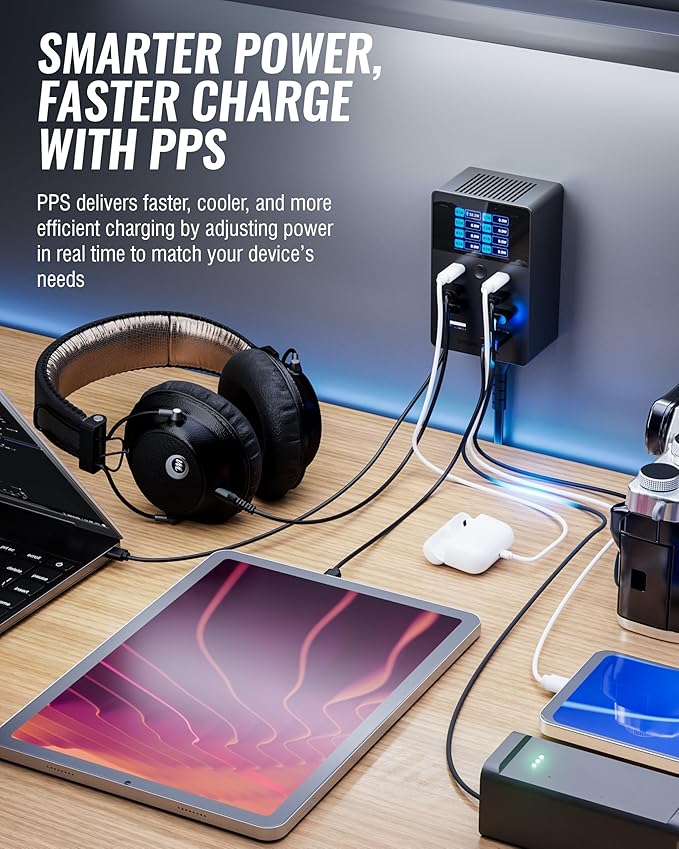 SABRENT VOLTIK Charging Station, 252W 8-Port USB C and USB A Desktop Charger, UL Certified with Real-Time LCD Display, Fast Charging for MacBook, iPhone, Samsung and More