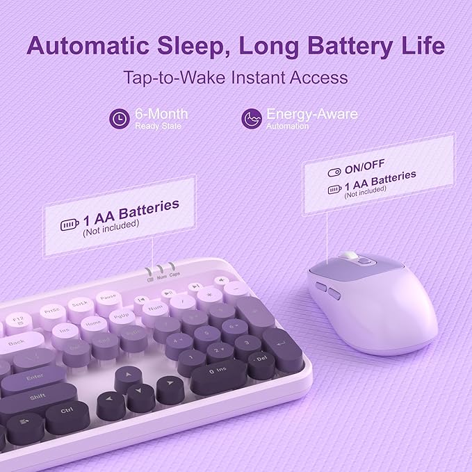 Wireless Keyboard and Mouse Combo Round keycaps Retro Typewriter Keyboard 104 Key Full-Sized Keyboards Automatic Power Saving 2.4GHz Wireless Connection for Mac/Windows/PC