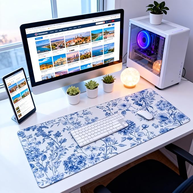 Floral Aesthetic Dahlia Gaming Mouse Pad, White Blue Chinoiserie Desk Mat with Anti-Slip Base & Stitched Edges,35.4" x 15.7" in Table Mat for Computer Desktop, Beautiful Workstation Decor