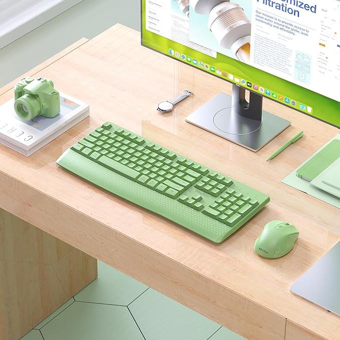 MEETION Wireless Keyboard and Mouse, Full-Sized Cordless Keyboard with Wrist Rest and 3 DPI Adjustable Mouse, 2.4G Wireless, Compatible with PC/Computer/Laptop/Windows/Mac, Green