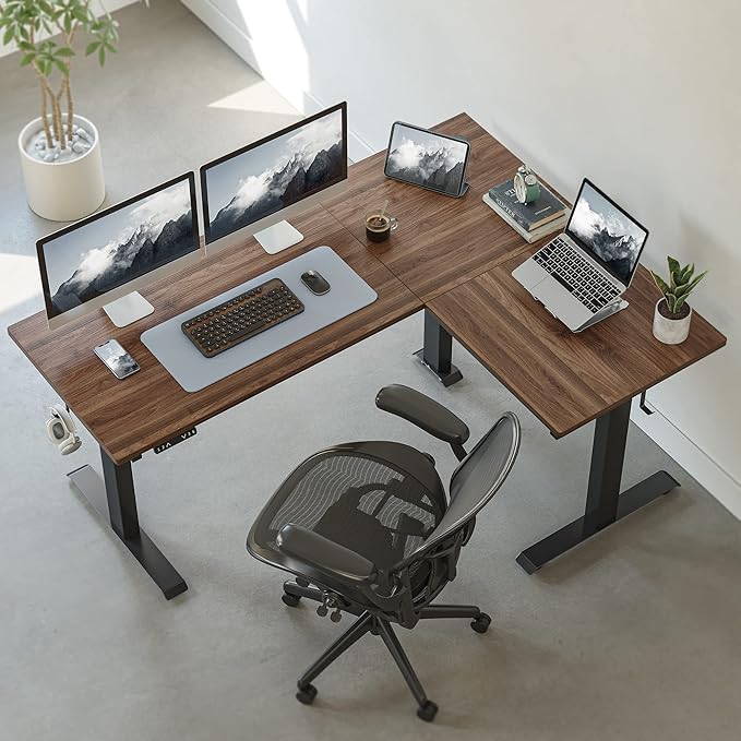 FEZIBO Triple Motor L-Shaped Electric Standing Desk, 63 Inches Height Adjustable Stand up Corner Desk, Sit Stand Workstation with Splice Board, Black Frame/Black Walnut Top