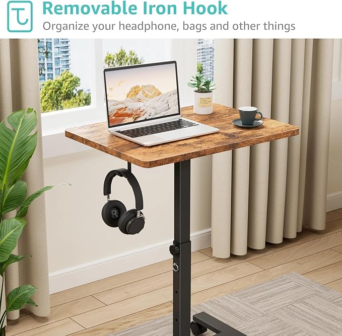 Small Portable Standing Rolling Desk - 24 Inch Mobile Stand Up Desk Adjustable Height on Wheels for Small Spaces, Couch Kids Laptop Desks End Side Table, Teacher Podium for Classroom, Rustic Brown