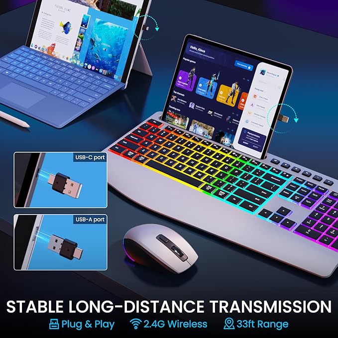 Silver Wireless Keyboard and Mouse Combo - Dual System RGB Backlit Mouse and Keyboard Advanced Optical Tracking, Lag-Free Wireless,Ergonomic Keyboard, 90% Less Noise Silver-V1