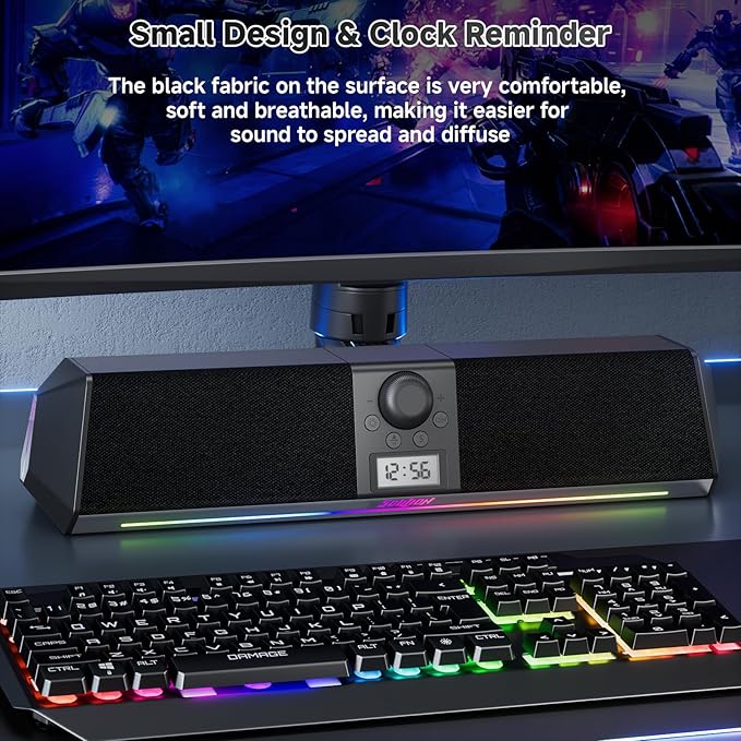 SOULION R80 Bluetooth Computer Speakers, USB Plug & Play PC Speakers with Digital Clock Display, Clear Sound Soundbar with Colorful LED Lights for Desktop Monitor Laptop (USB Adapter Included)
