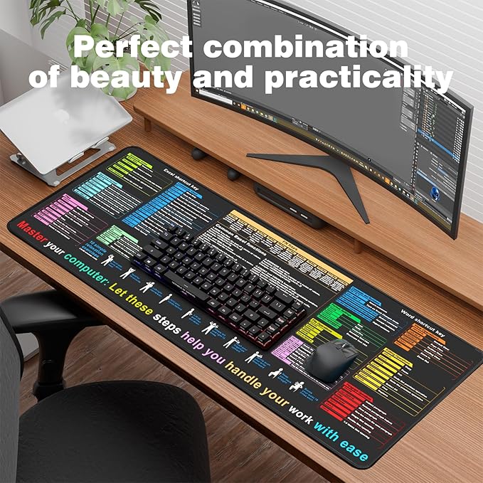 Excel Cheat Sheet Desk pad—Contains 12 Types of Common Skills in Excel and Word|Large XL Size(35.45 * 15.75 inch)|Desk mat for Keyboard and Mouse|Work、Study、Gaming Mouse pad|Waterproof、Anti-Slip