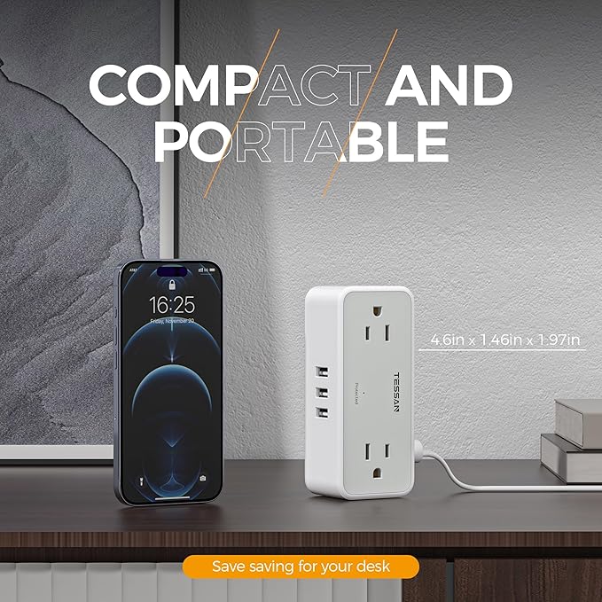 Flat Plug Extension Cord 25 ft, TESSAN Surge Protector Power Strip with 4 AC Outlets 3 USB A Ports, 900 Joules Protection, Multiple Wall Outlet Extender for Home Office Dorm Essentials