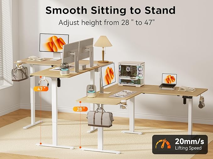 75x61 Inches Reversible L Shaped Standing Desk Height Adjustable with Cup Holder, Electric Corner Computer Workstation for Home Office, Ergonomic Sit Stand up Gaming Desk, Oak