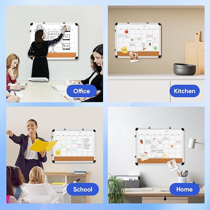 VUSIGN Dry Erase Calendar Whiteboard for Wall, 17'' x13'' Magnetic Whiteboard Cork Board Combo, Small Monthly White Board with Marker, Eraser & Push Pins in Home Office Kitchen School Planner