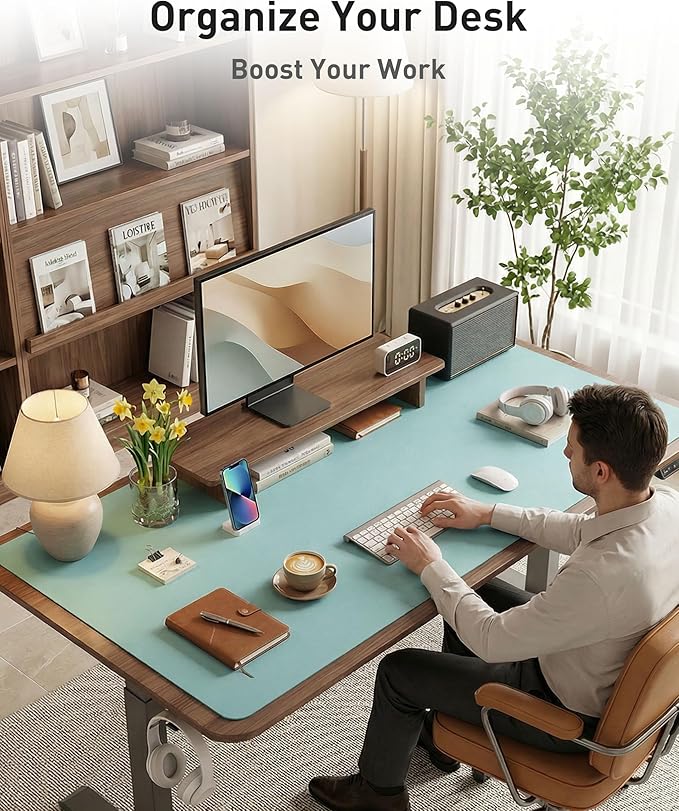 Aothia Faux Leather Desk Mat - Large Mouse Pad, Non-Slip PU Leather Blotter, Waterproof Writing Surface for Office and Home (Blue Topaz, 42" x 17")