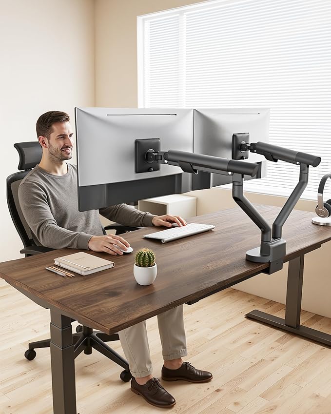 monTEK Dual Monitor Stand Mount with USB for Up to 35" Screens, Each Arm Holds Max 24.3lbs, Full Motion Adjustable Monitor Arm Desk Mount with C-Clamp/Grommet, VESA 75/100mm, Space Gray