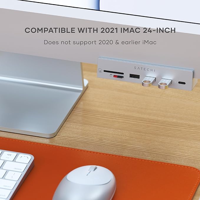 Satechi USB C Hub, iMac USB Adapter, USB C Data Port, USB-A 3.0 Data, Micro/SD Card Readers, USB C Clamp Hub for iMac M4, Does Not Fit 2020 iMac & Earlier Models - Silver