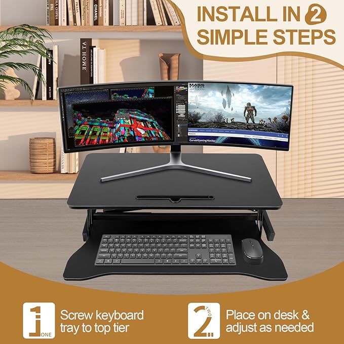 37" Stable Standing Desk Converter, Height Adjustable Sit Stand Up Desk Riser, Dual Monitor and Laptop Workstation with Wide Keyboard Tray Desk Lifter for Home Office, Black