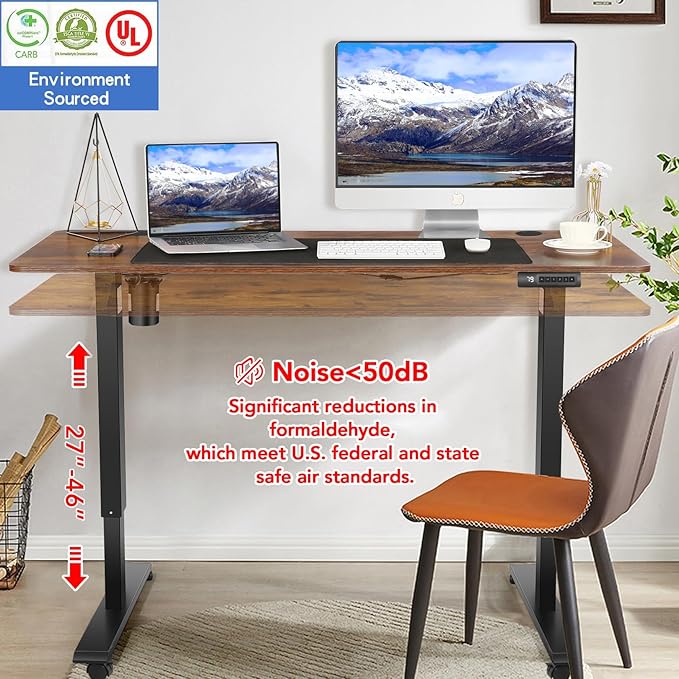 55 x 24 in Electric Standing Desk Adjustable Height, Sit Stand Home Office Rolling Computer Desk with 35 x16 in Mouse Pad, Wheels and Hooks,27''-46'' Lifting Range Stand up Desk(Brown)
