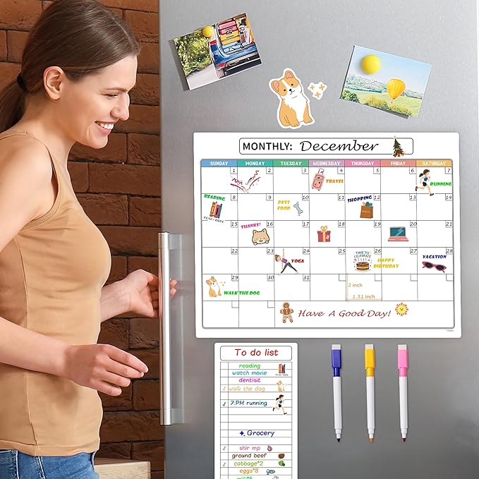 Magnetic Dry Erase Refrigerator Calendar with Markers - 15" x 11" Monthly Fridge Calendar and Today List, Fridge Whiteboard with Back Magnet