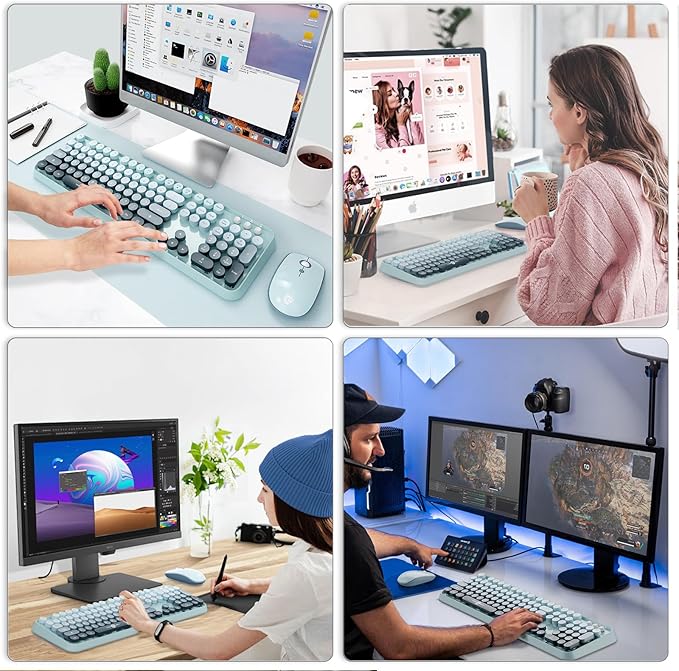 Wireless Keyboard and Mouse Combo Cute Colorful Keyboard and Mouse, Retro Typewriter Keyboard with 2.4GHz Plug & Play, for Windows 11/10/7, Laptop, PC (Blue)
