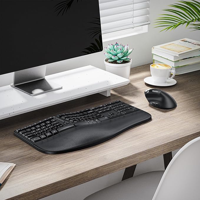 MEETION Ergonomic Keyboard and Mouse, Wireless Keyboard with Vertical Mouse, Split Curved Keyboard with Wrist Rest, Natural Typing USB Receiver Rechargeable Full Size, Windows/Mac/PC/Laptop, Large