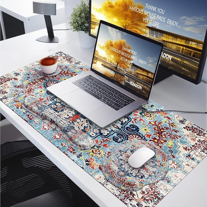 iLeadon Ergonomic Mouse Pad Set, Boho Desk Mat + Mouse Pad with Wrist Rest + Keyboard Wrist Rest + Coaster, 4in1 Mouse and Keyboard Pad Set for Home Office, Boho Rug Blue
