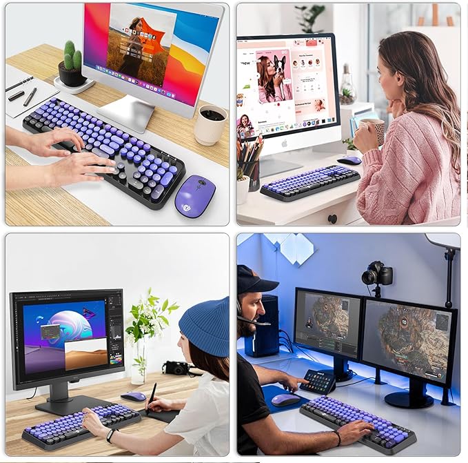 Wireless Keyboard and Mouse Combo, 2.4G USB Cordless Round Keyboard and Mouse for Laptop Computer TV (102 Keys Purple Black)