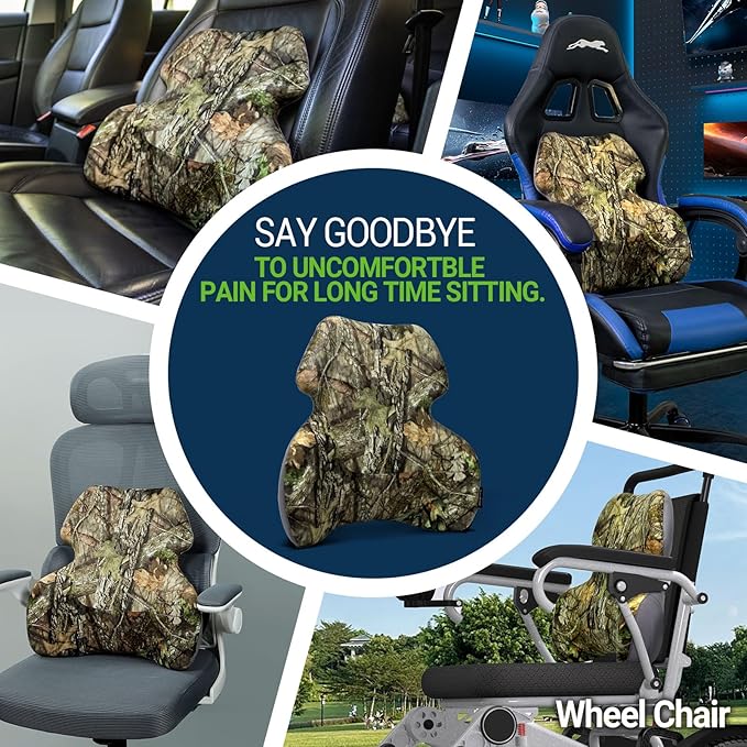 Lumbar Back Support Pillow for Car - Back Support for Medium to Large Vehicles - Soft Memory Foam Car Seat Cushion - Camouflage Back Pain Relief for Office Chair, Gaming Chair, Recliner, Mossy Oak