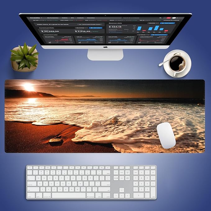Wknoon. Extra Large Gaming & Office Mouse Pad (31.5" x 11.8") – Sunset Glow Over a Golden Foamy Beach Panorama Scenery, Anti-Slip XXL Desk Mat with Durable Stitched Edges & Smooth Surface