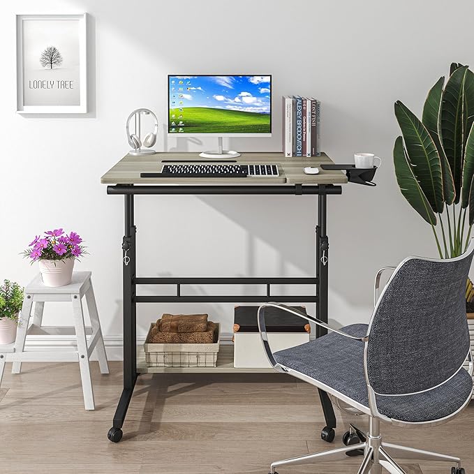 Panta Mobile Standing Desk, Adjustable Rolling Computer Desk with 3 Desktops, Portable Laptop Table with Cup Holder, Home Office Laptop Workstation on Lockable Wheels, Grey Oak